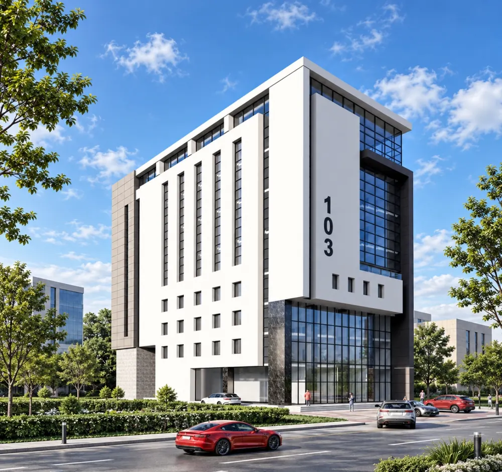A completed 9-storey commercial building with two basements at 103-B MM Alam Road, Gulberg III, Lahore