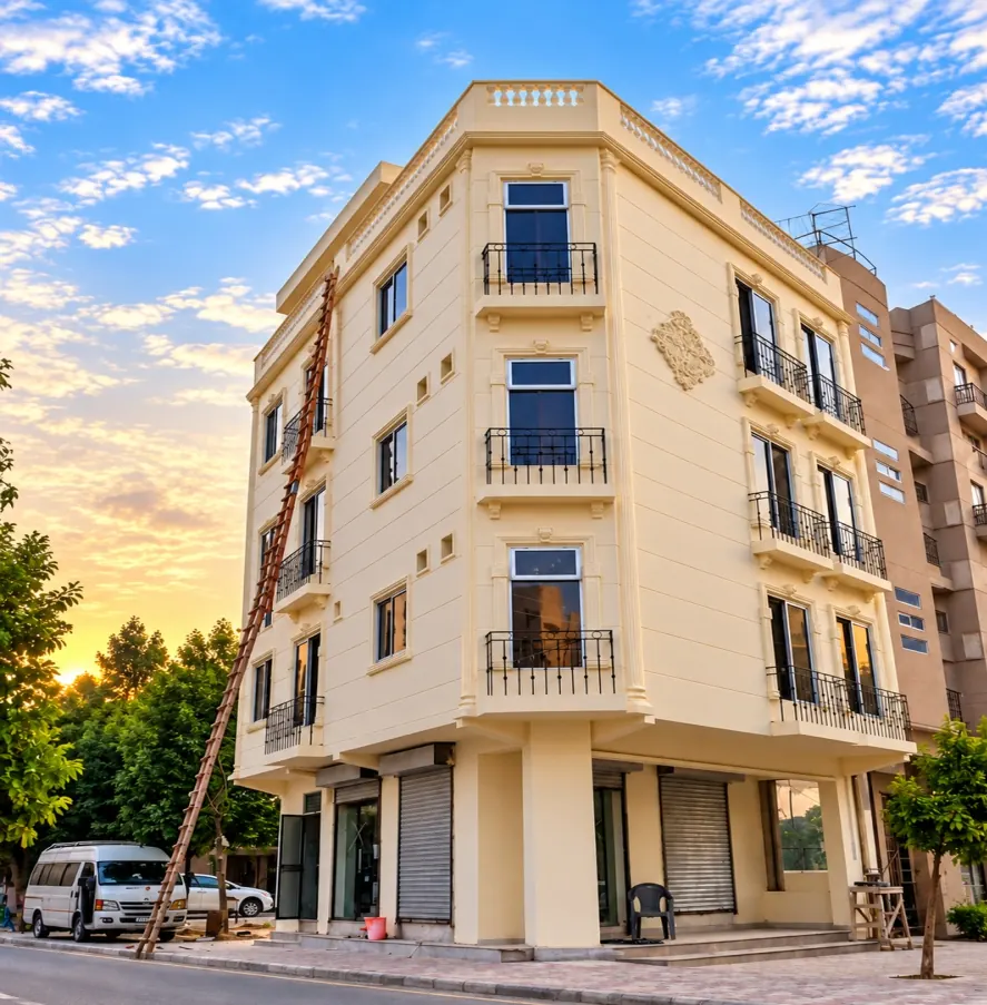 A completed 4-storey apartment building in Punjab Society, Lahore
