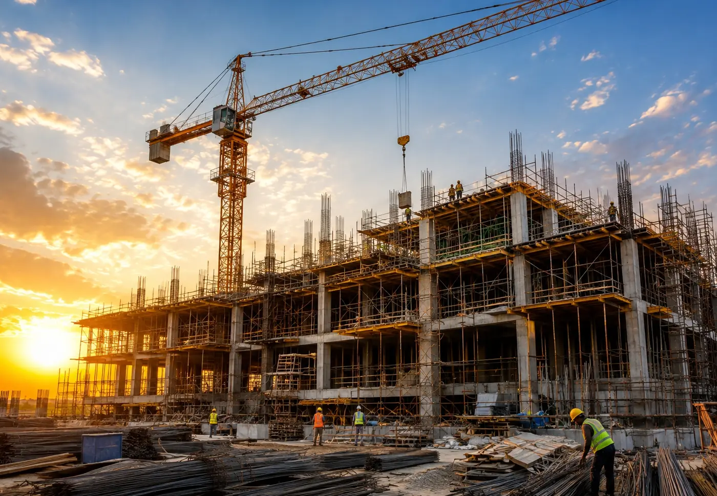 A construction site with a tower crane at sunset