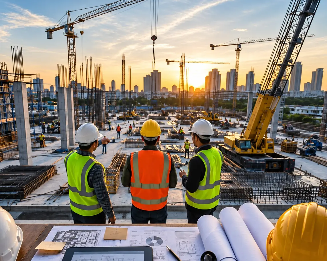 Site engineers reviewing drawings on a construction site